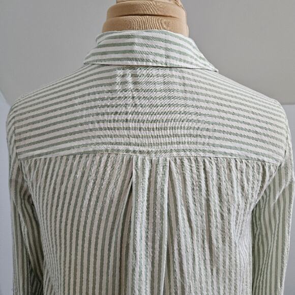 Jones New York Signature Top Green White Gold Metallic Striped Button Front S - Picture 8 of 12